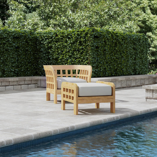 Monhegan Outdoor Ottoman by Butler Specialty Company in natural and natural teak. Made from teak wood, foam, fabric in a cottage & farmhouse style.