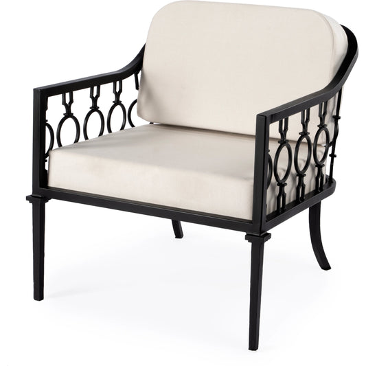 Southport Outdoor Lounge Chair by Butler Specialty Company in black. Made from iron, plyboard, foam, fabric in a cottage & farmhouse style.