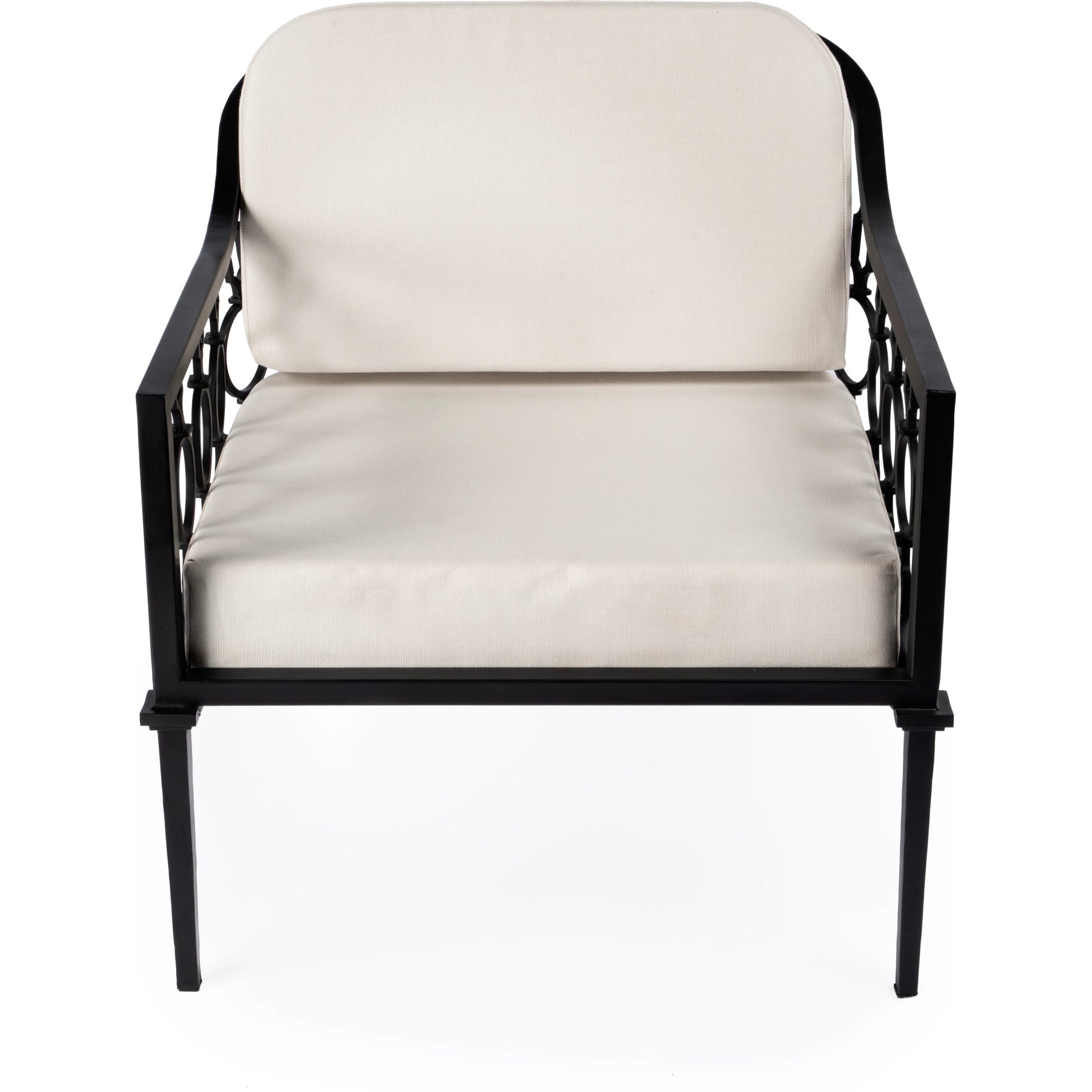 Southport Outdoor Lounge Chair by Butler Specialty Company in black and black. Made from iron-50%, plyboard-15%, foam- 15%, fabric- 20% in a cottage & farmhouse style.