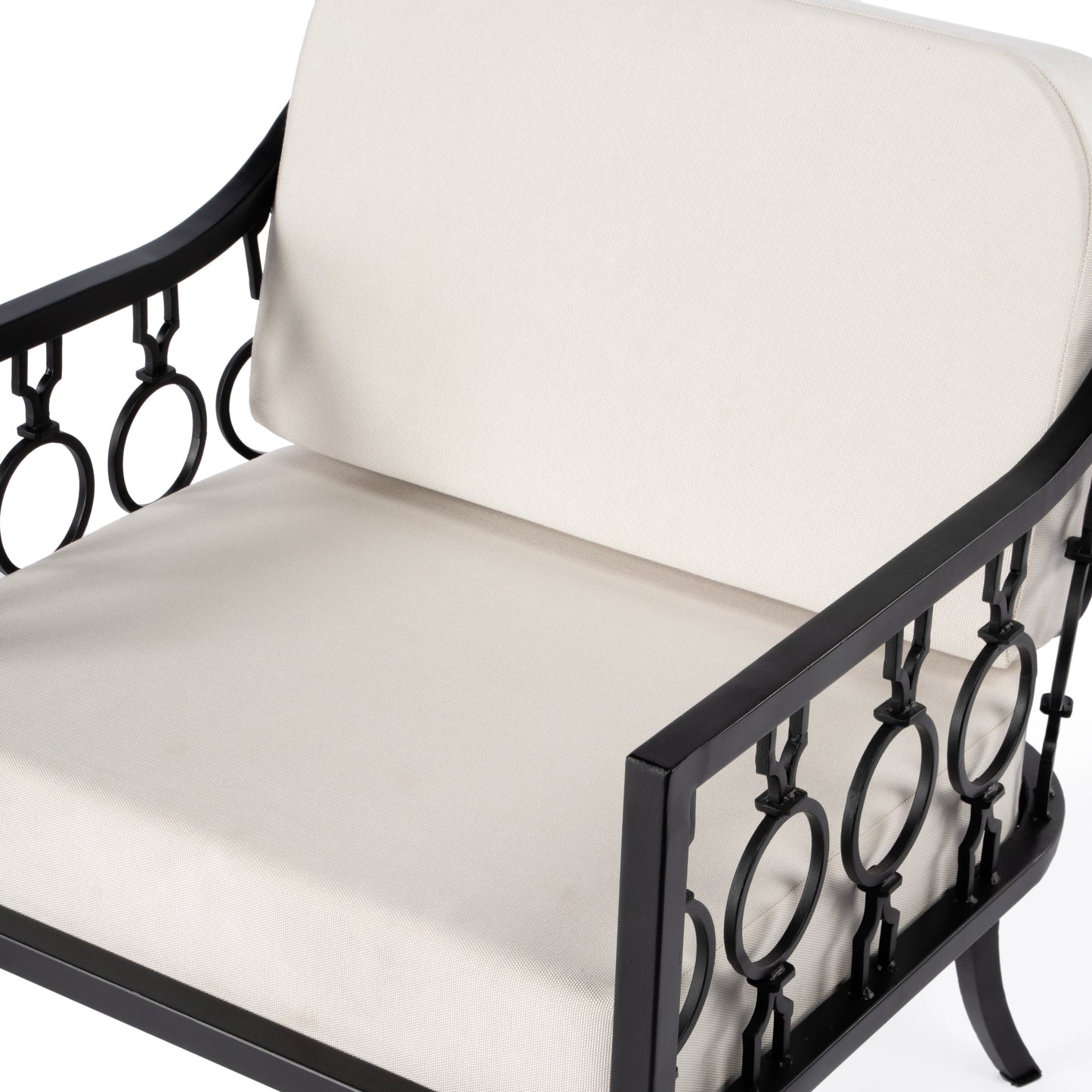 007 SI-2022041 | Closeup | Southport Outdoor Lounge Chair by Butler Specialty Company in black and black. Made from iron-50%, plyboard-15%, foam- 15%, fabric- 20% in a cottage & farmhouse style.