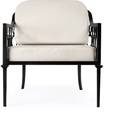 Southport Outdoor Lounge Chair by Butler Specialty Company in black and black. Made from iron-50%, plyboard-15%, foam- 15%, fabric- 20% in a cottage & farmhouse style.