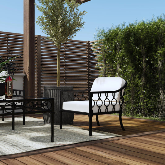 Southport Outdoor Lounge Chair by Butler Specialty Company in black. Made from iron, plyboard, foam, fabric in a cottage & farmhouse style.