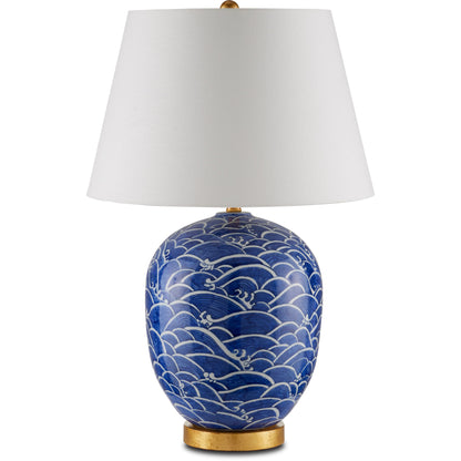 Nami Table Lamp by Currey and Company in blue, white, gold leaf. Made from porcelain, metal in a coastal style.