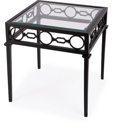 Southport Outdoor End Table by Butler Specialty Company in black. Made from iron, clear glass in a transitional style.