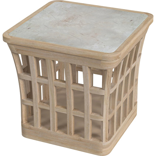 Monhegan Outdoor End Table by Butler Specialty Company in cream,light brown and natural teak. Made from teak wood, marble in a cottage & farmhouse style.