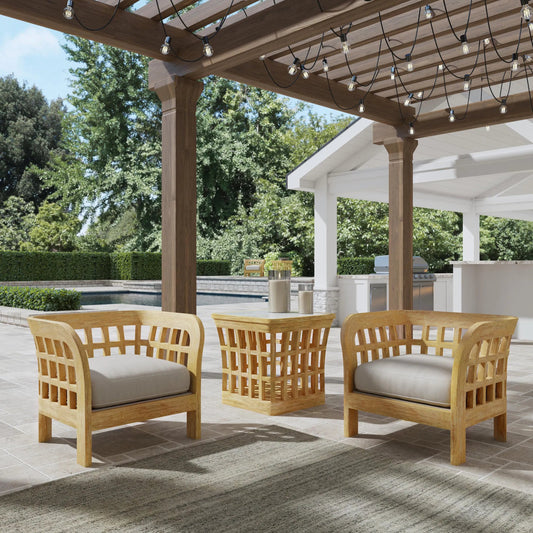 Monhegan Outdoor End Table by Butler Specialty Company in cream,light brown and natural teak. Made from teak wood, marble in a cottage & farmhouse style.