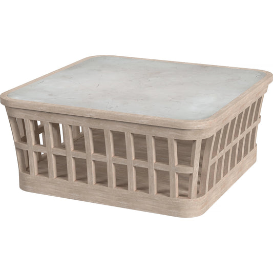 Monhegan Outdoor Coffee Table by Butler Specialty Company in cream,light brown and natural teak. Made from teak wood, marble in a cottage & farmhouse style.