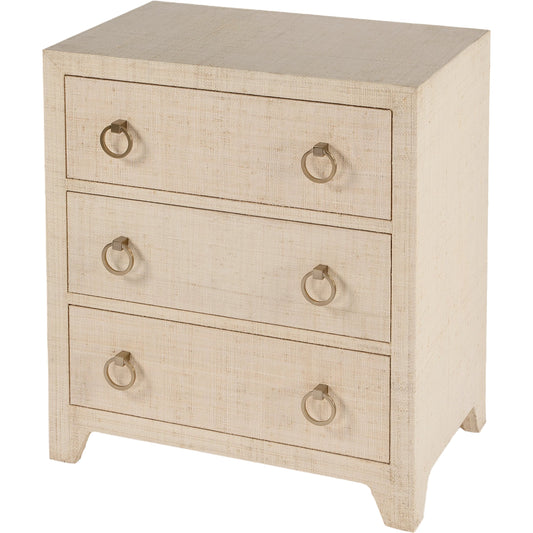 Bar Harbor Raffia 3 Drawer Nightstand by Butler Specialty Company. Made from gmelina solids, mdf, oak veneer, saguran raffia and zinc handle in a transitional style.