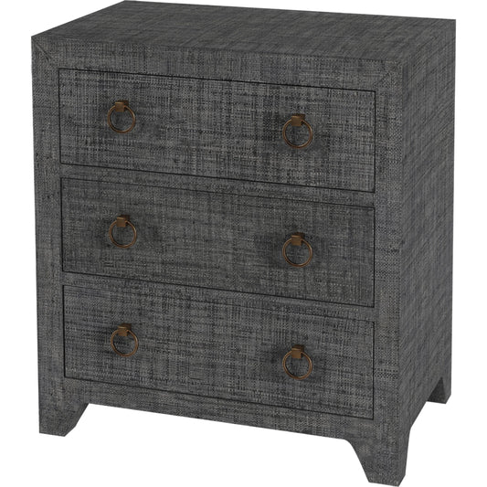 Bar Harbor Raffia 3 Drawer Nightstand by Butler Specialty Company. Made from gmelina solids, mdf, oak veneer, saguran raffia and zinc handle in a transitional style.