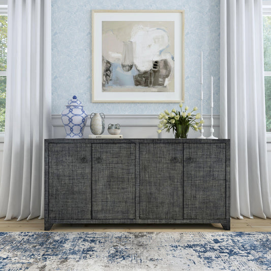 Bar Harbor Raffia 4 Door Sideboard by Butler Specialty Company. Made from gmelina solids, mdf, oak veneer, saguran and zinc handle in a modern style.