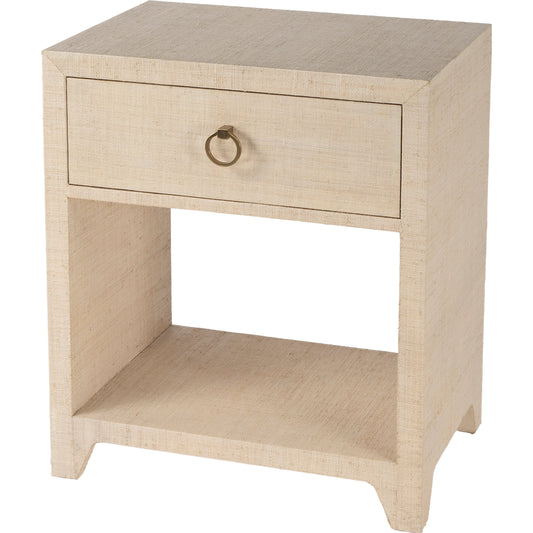 Bar Harbor Raffia 1 Drawer Nighstand by Butler Specialty Company. Made from gmelina solids, mdf, oak veneer, saguran and zinc handle in a transitional style.