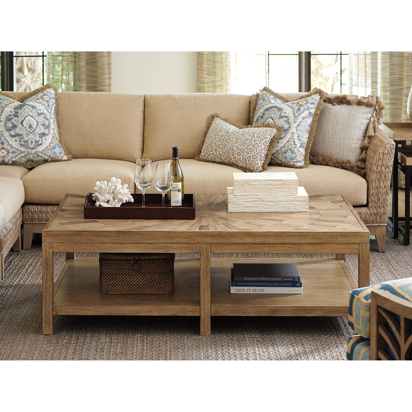 003 SR-836079 | Lifestyle | Ducane Rectangular Cocktail Table by Tommy Bahama Home. Made from unique in a coastal style.