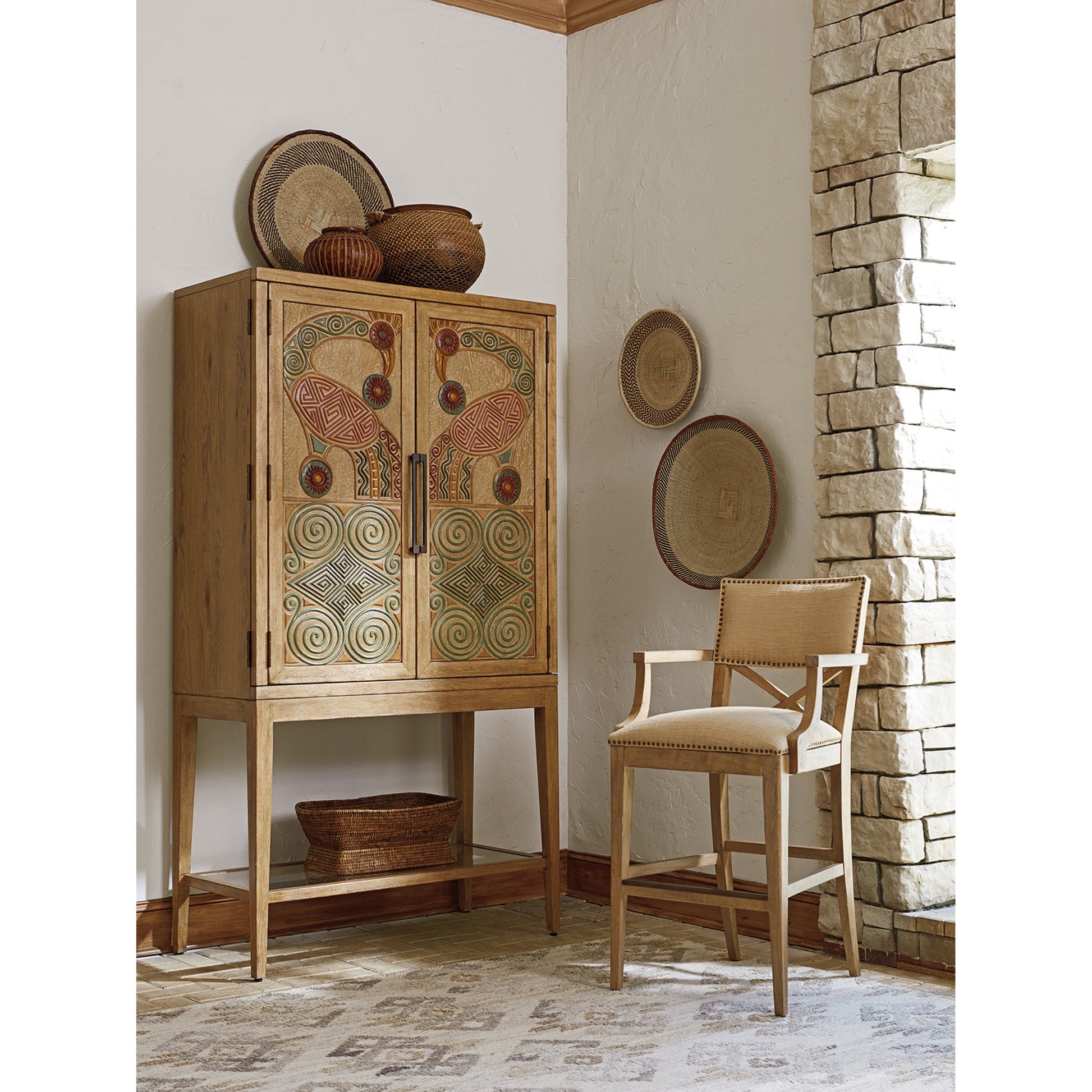 Sutherland Upholstered Bar Stool by Tommy Bahama Home in natural. Made from unique in a coastal style.