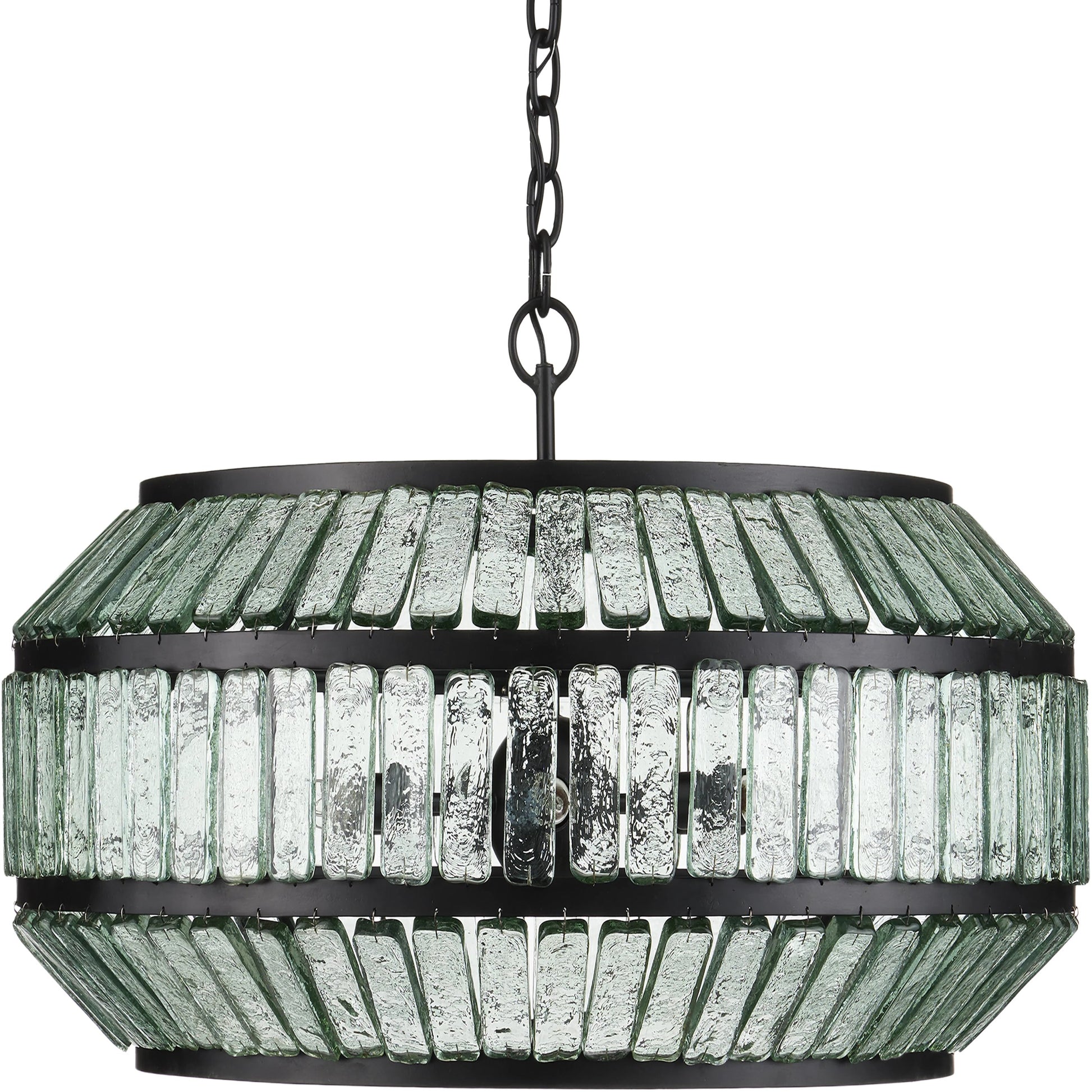 Centurion Recycled Glass Chandelier by Currey and Company in clear, satin black. Made from recycled glass, wrought iron in a traditional style.