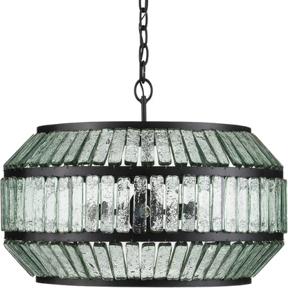 Centurion Recycled Glass Chandelier by Currey and Company in clear, satin black. Made from recycled glass, wrought iron in a traditional style.