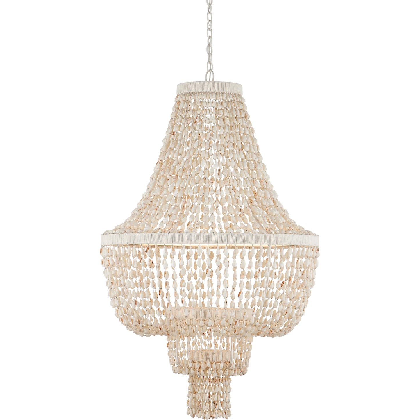 000 SI-2257413 | Primary Silo | Cybele Chandelier by Currey and Company in natural, pearlized white, white. Made from shells, wrought iron, kraft paper twine in a modern style.