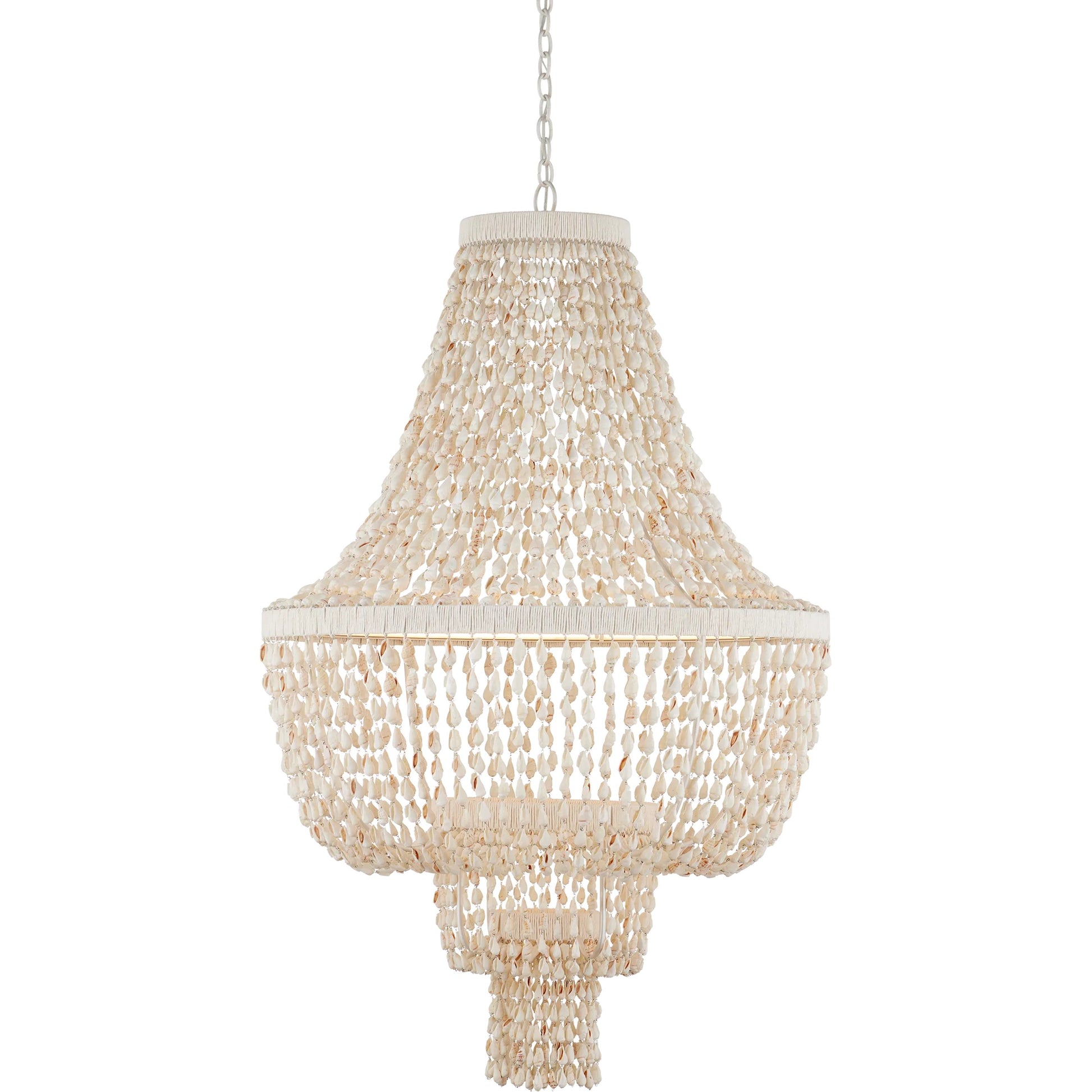 Cybele Chandelier by Currey and Company in natural, pearlized white, white. Made from shells, wrought iron, kraft paper twine in a modern style.