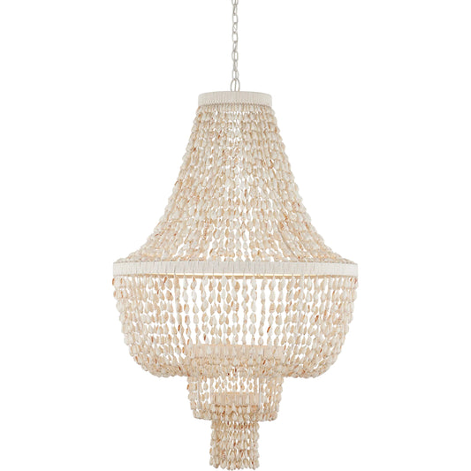 Cybele Chandelier by Currey and Company in natural, pearlized white, white. Made from shells, wrought iron, kraft paper twine in a unique style.