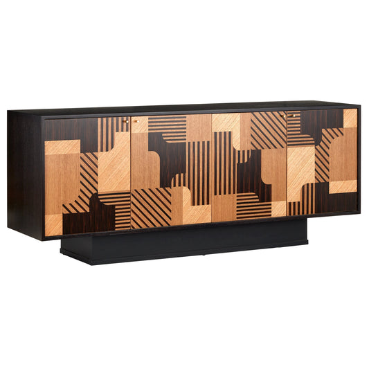 Memphis Credenza by Currey and Company in natural, espresso, polished brass. Made from oak, mindi, macassar ebony, mahogany, brass in a modern style.