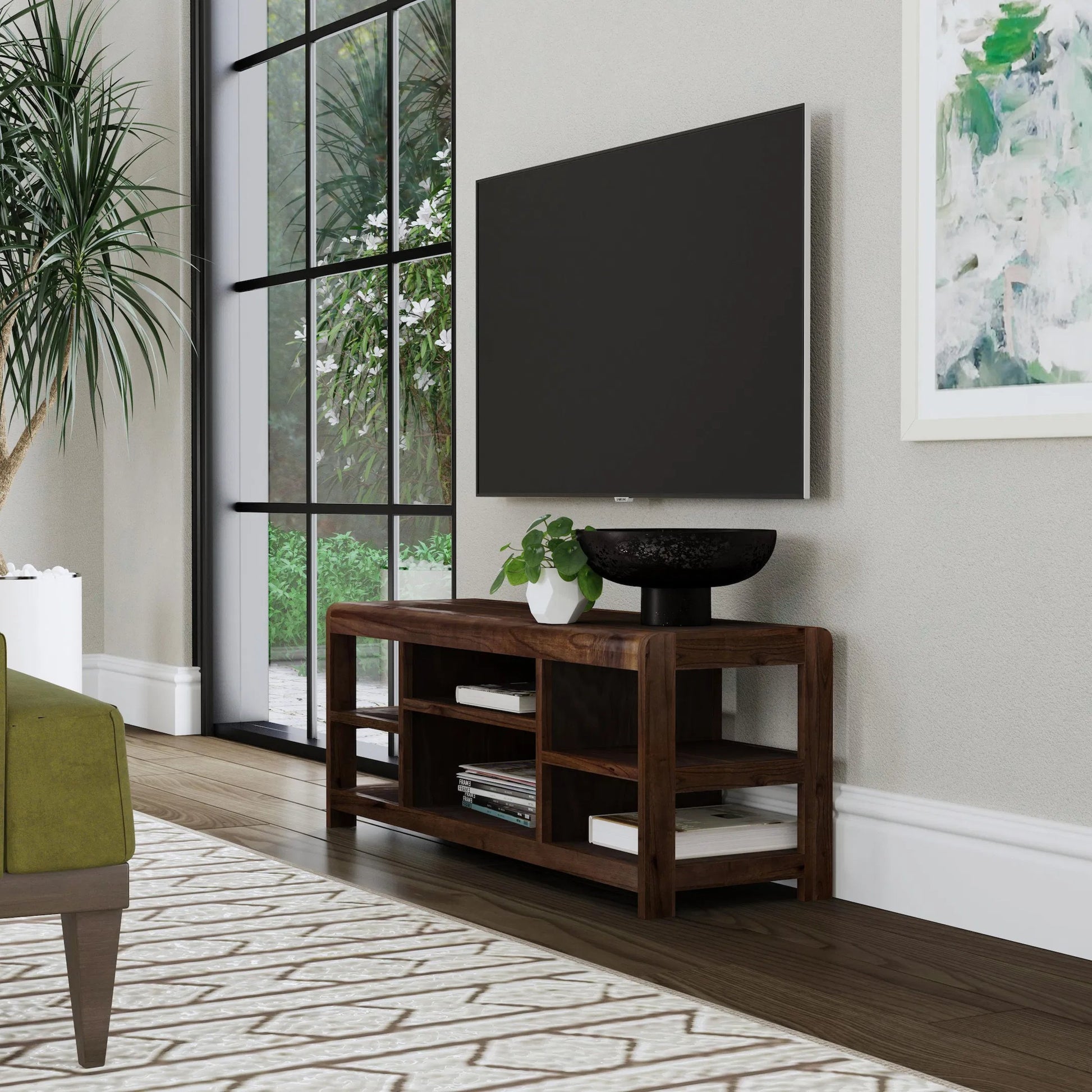Hanover 44" TV Stand by Butler Specialty Company in dark brown and walnut. Made from meliaceae wood (mahogany) , mdf , walnut veneer in a modern style.