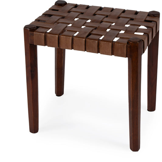 Kerry Leather Woven Stool by Butler Specialty Company in dark brown and brown. Made from acacia wood, leather in a transitional style.