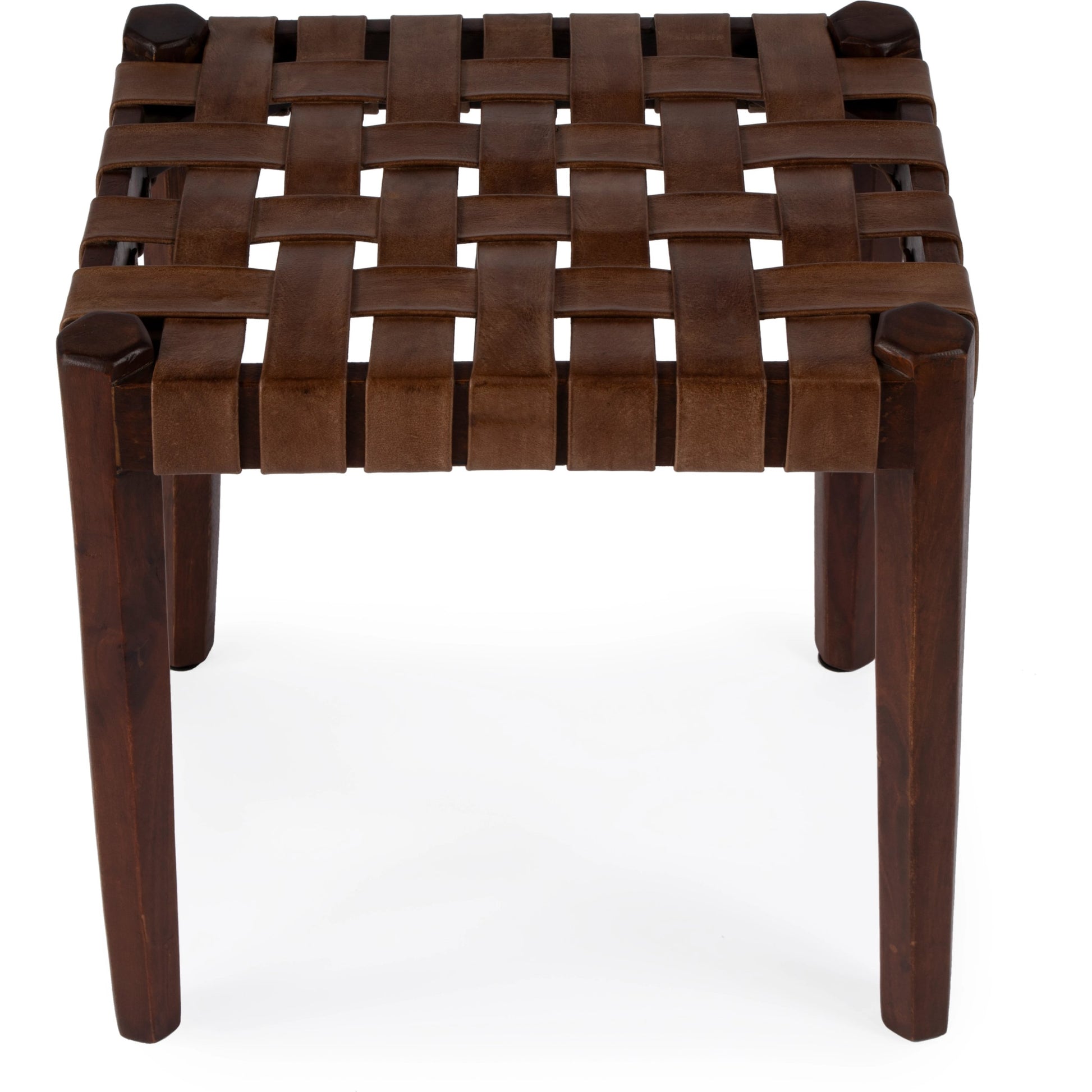 Kerry Leather Woven Stool by Butler Specialty Company in dark brown and brown. Made from acacia wood, leather in a transitional style.