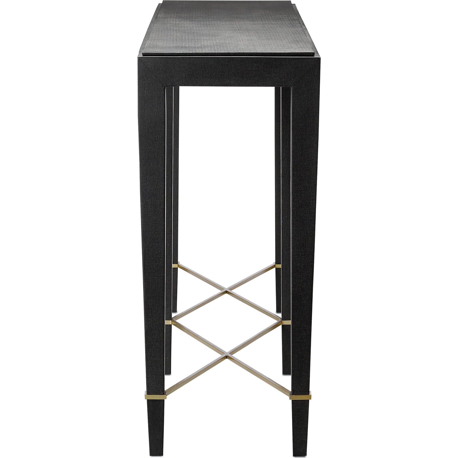Verona Console Table by Currey and Company in black lacquered linen, champagne metal. Made from black lacquered linen, solid wood, engineered wood, metal in a modern style.
