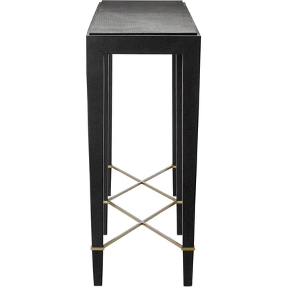 Verona Console Table by Currey and Company in black lacquered linen, champagne metal. Made from black lacquered linen, solid wood, engineered wood, metal in a modern style.