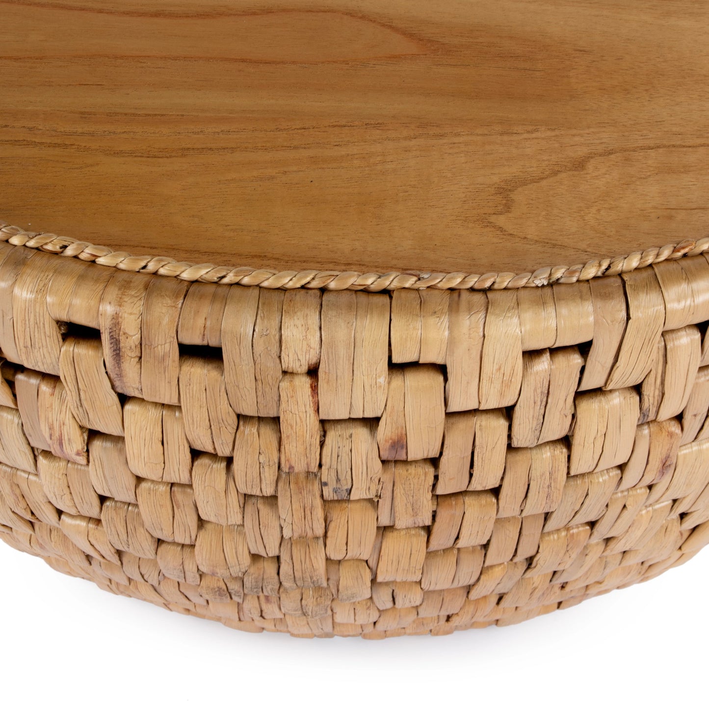004 SI-2077779 | Closeup | Captiva Round Rattan Drum Coffee Table by Butler Specialty Company in natural and natural rattan. Made from mdf, mindi veneer, rattan in a cottage & farmhouse style.