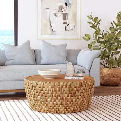 Captiva Round Rattan Drum Coffee Table by Butler Specialty Company in natural and natural rattan. Made from mdf, mindi veneer, rattan in a cottage & farmhouse style.