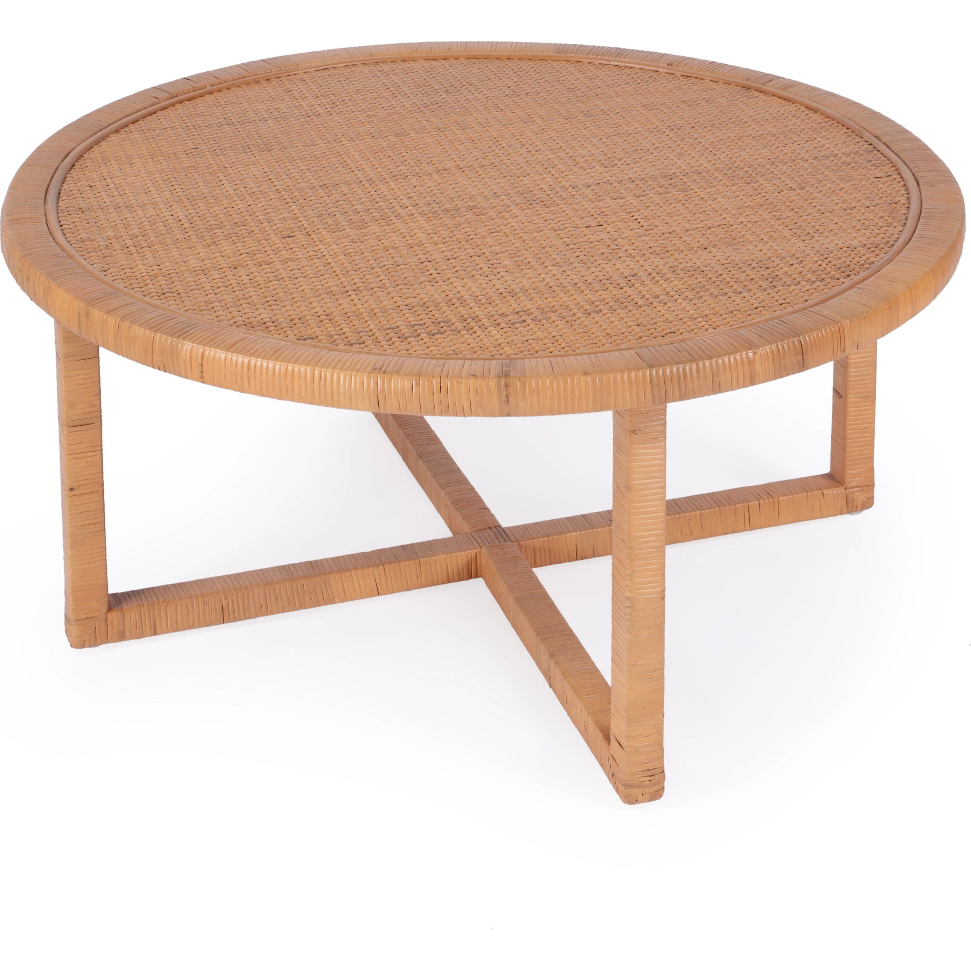 Captiva Round Rattan Coffee Table by Butler Specialty Company in natural and natural rattan. Made from rattan, plywood, rubberwood in a cottage & farmhouse style.