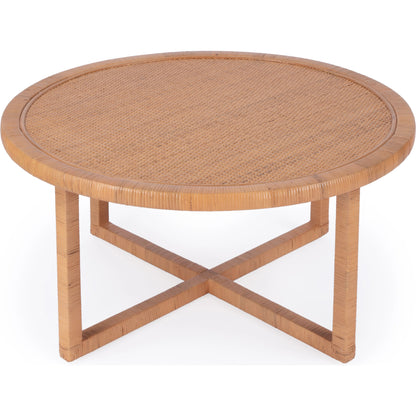 Captiva Round Rattan Coffee Table by Butler Specialty Company in natural and natural rattan. Made from rattan, plywood, rubberwood in a cottage & farmhouse style.