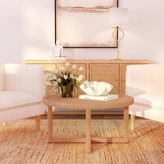 Captiva Round Rattan Coffee Table by Butler Specialty Company in natural and natural rattan. Made from rattan, plywood, rubberwood in a cottage & farmhouse style.
