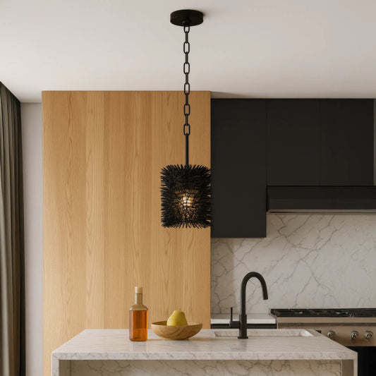 Urchin 1 Light Cylinder Mini Pendant by Varaluz. Made from steel in a unique style.