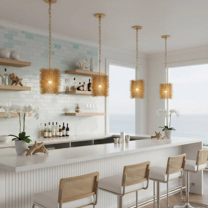 Urchin 1 Light Cylinder Pendant by Varaluz in gold. Made from steel in a unique style.