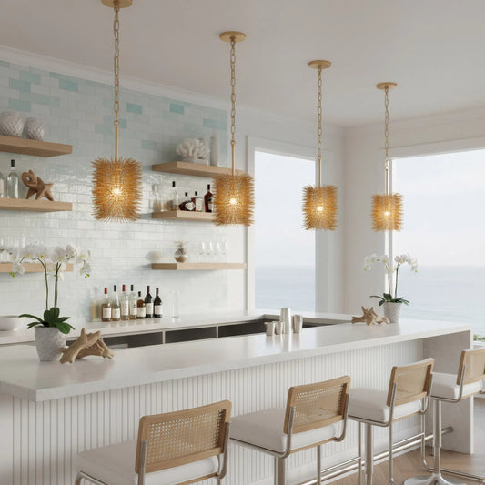 Urchin 1 Light Cylinder Pendant by Varaluz in gold. Made from steel in a unique style.