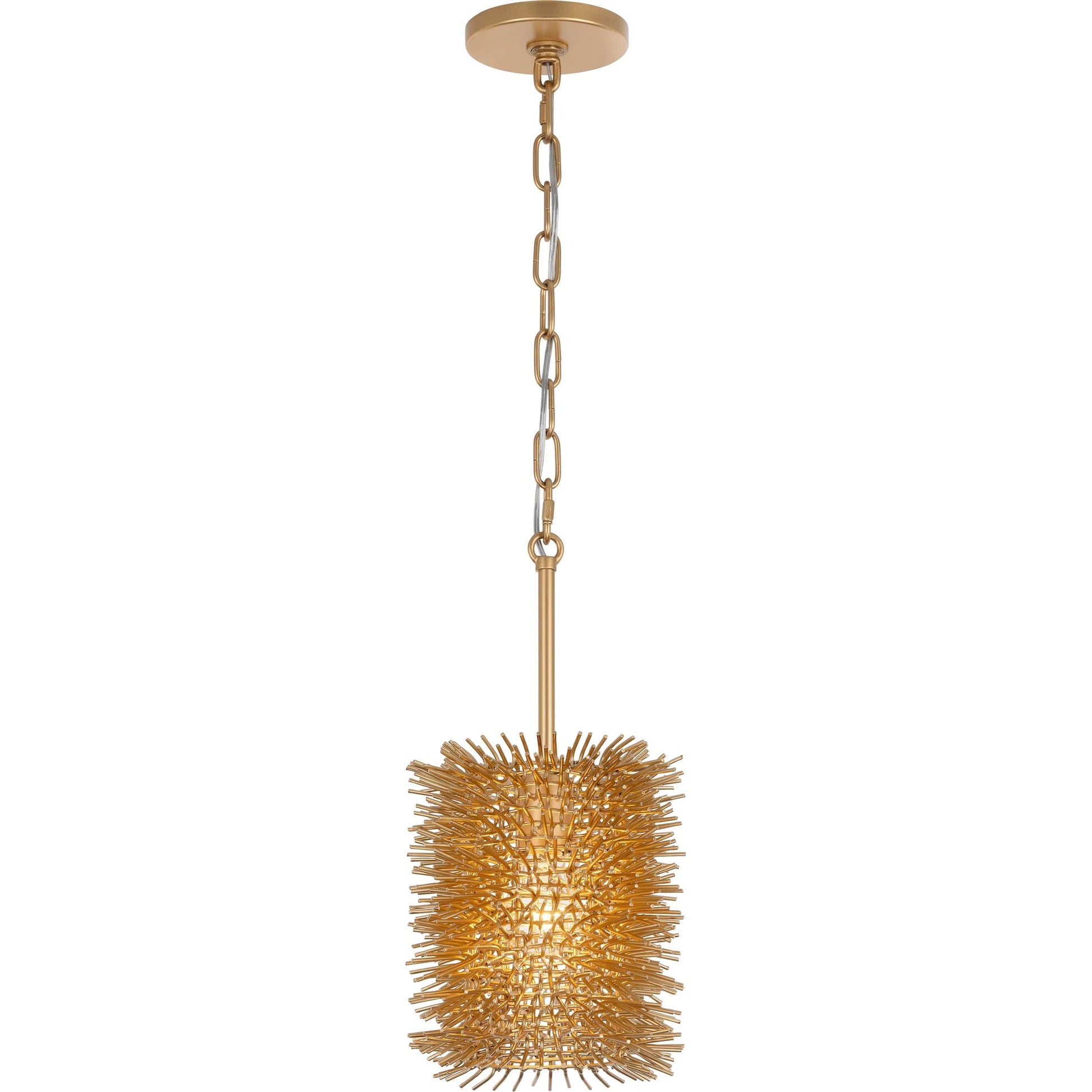 Urchin 1 Light Cylinder Pendant by Varaluz in gold. Made from steel in a unique style.