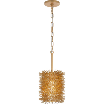 Urchin 1 Light Cylinder Pendant by Varaluz in gold. Made from steel in a unique style.