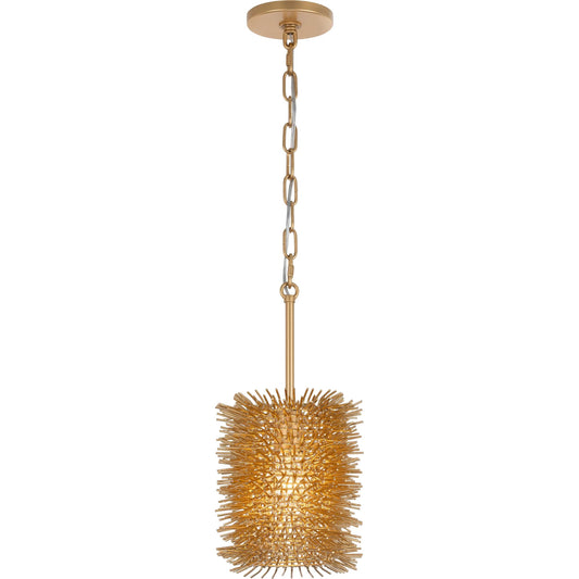 Urchin 1 Light Cylinder Pendant by Varaluz in gold. Made from steel in a unique style.