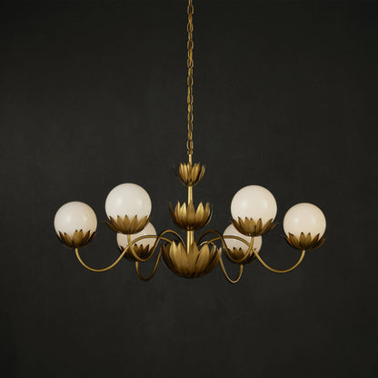 Mirasole Chandelier by Currey and Company in contemporary gold leaf, gold, white. Made from wrought iron, glass in a traditional style.