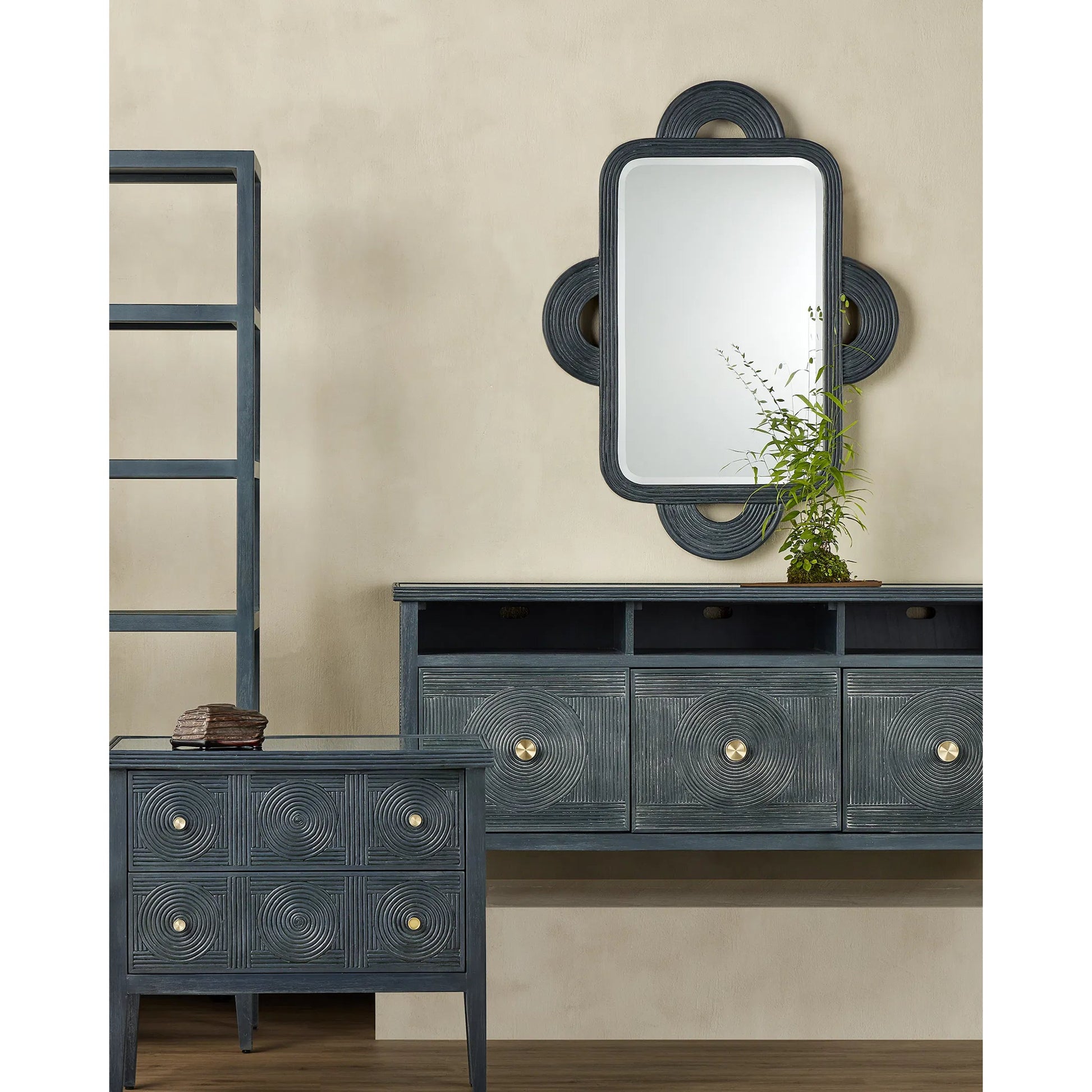 Santos Rectangular Mirror by Currey and Company in navy. Made from rattan, mahogany, glass in a modern style.