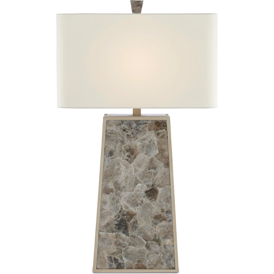 Calloway Table Lamp by Currey and Company in light mica, silver leaf. Made from mica, wood in a modern style.