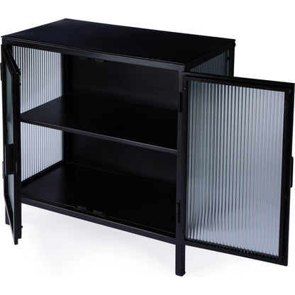 Hoxton Ribbed Glass Accent Cabinet by Butler Specialty Company in black and black metal. Made from iron: 80%, glass: 20% in a modern style.