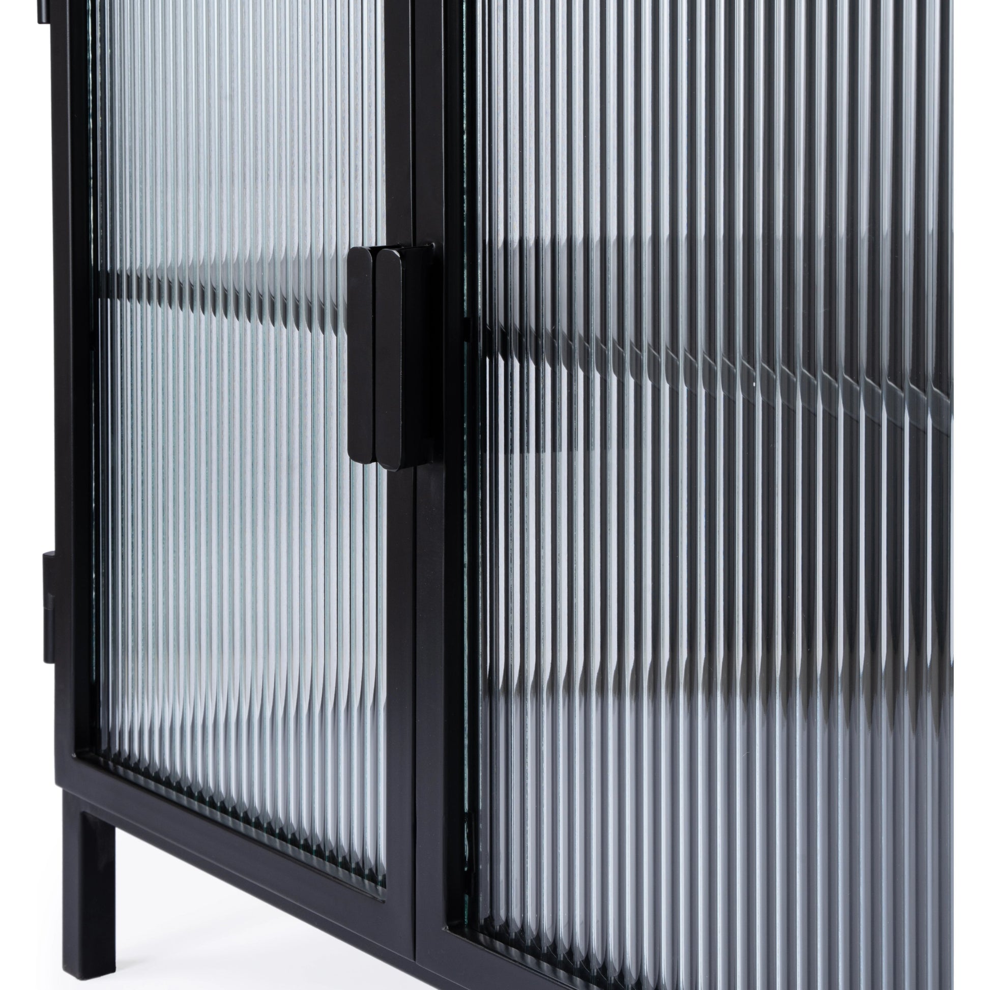 Hoxton Ribbed Glass Accent Cabinet by Butler Specialty Company in black and black metal. Made from iron: 80%, glass: 20% in a modern style.