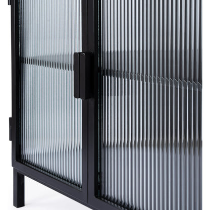 Hoxton Ribbed Glass Accent Cabinet by Butler Specialty Company in black and black metal. Made from iron: 80%, glass: 20% in a modern style.