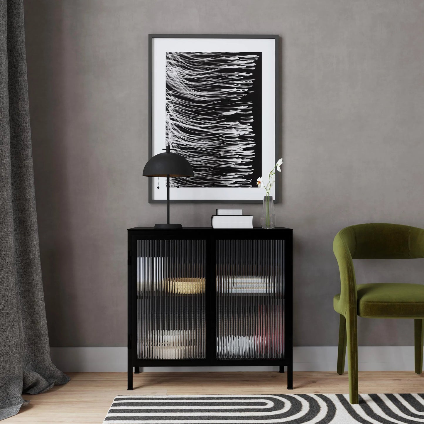 009 SI-2077790 | Lifestyle | Hoxton Ribbed Glass Accent Cabinet by Butler Specialty Company in black and black metal. Made from iron: 80%, glass: 20% in a modern style.