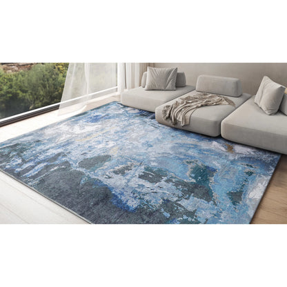 Cosmo 5706 Rug by Exquisite Rugs in blue, silver, dark gray. Made from wool, bamboo silk in a unique style.