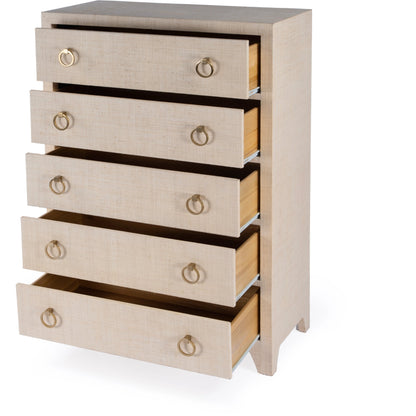 Bar Harbor 5 Drawer Raffia Dresser by Butler Specialty Company. Made from gmelina solids, mdf, oak veneer, saguran raffia with zinc handles in a traditional style.