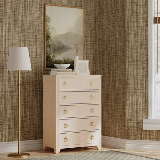 Bar Harbor 5 Drawer Raffia Dresser by Butler Specialty Company in natural and natural raffia. Made from gmelina solids, mdf, oak veneer, saguran raffia with zinc handles in a traditional style.