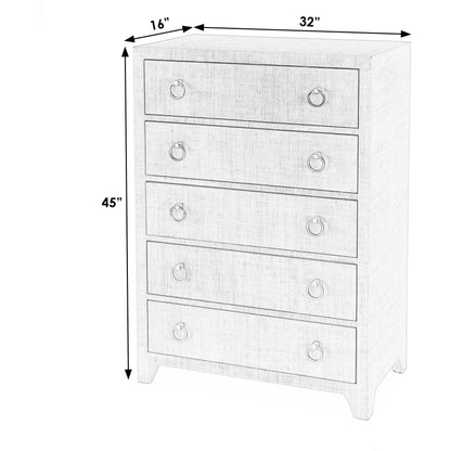 Bar Harbor 5 Drawer Raffia Dresser by Butler Specialty Company. Made from gmelina solids, mdf, oak veneer, saguran raffia with zinc handles in a traditional style.